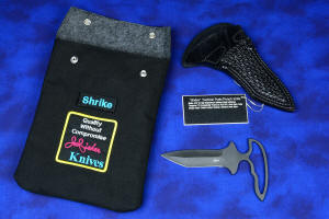 "Shrike" Tactical, Utility Push-Punch dagger/knife with envelope style bag showing interior polyester felt lining, in T3 cryogencially treated ATS-34 high molybdenum martensitic stainless steel blade, positive snap-lock leather sheath, envelope lined storage bag