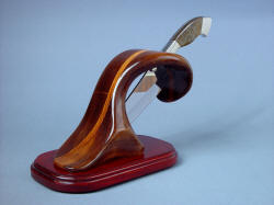 "Sirona" chef's knife and stand. Base is polished and varnished Padauk hardwood in natural color