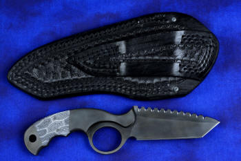 "Skeg"  tactical, counterterrorism, crossover knife, reverse side view in T4 Cryogenically treated ATS-34 high molybdenum martensitic stainless steel blade, 304 stainless steel bolsters, white and black tortoiseshell pattern G10 fiberglass/epoxy composite handle, leather sheath in 9-10 oz. shoulder, nylon stitching, stainless steel fasteners