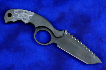 "Skeg"  tactical, counterterrorism, crossover knife, reverse side view in T4 Cryogenically treated ATS-34 high molybdenum martensitic stainless steel blade, 304 stainless steel bolsters, white and black tortoiseshell pattern G10 fiberglass/epoxy composite handle