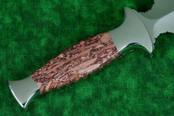 "Streamspear" dagger, reverse side handle detail. Fossilized "Montana bark jasper" is actually fosisilized sedimentary dolomite with bits and piecs of stream bed replaced by rock