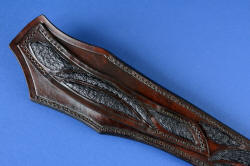 "Taibhse" sheath back, belt loop detail. Even belt loop is inlaid with emu skin, bonded and sealed with acrylic for longevity and exposure resistance