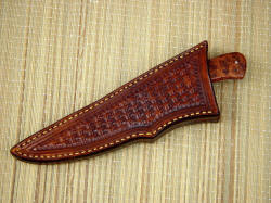 "Talitha" sheathed view. Sheath is handmade, deep and protective, making knife safe