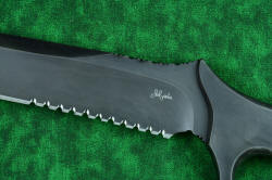 "Taranis" professional grade tactical, counterterrorism, rescue knife, hammerhead serratons detail. Serrations offer variable, aggressive cutting edges in three inches of blade length