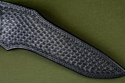 "Taranis" sheath front detail. Sheath is hand-stamp tooled with basketweave pattern, double row stitched with polyester binder, sealed with acrylic satin finish, permanently dyed