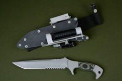 "Taranis" obverse side view in CPMS30V high vanadium tool steel blade, 304 stainless steel bolsters, and Olive/Black G10 fiberglass/epoxy compsite laminate handle with locking waterproof stainless steel, aluminum, and kydex sheath