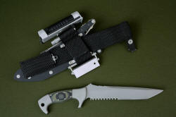 "Taranis" reverse side view. Sheath shown with ultimate belt loop extender, fireblock, Maglite LED solitiare, and all stainless steel hardware and mounting fittings