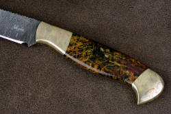 "Tarazed" obverse side handle view. Striking patterns in blade, bolsters, and gemstone handle blend together