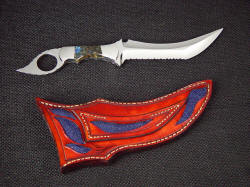 "Tethys" art, collector's knife, reverse side view. Sheath has multiple inlays of blue stingray skin in hand-carved leather