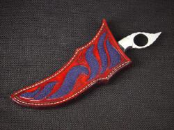 "Tethys" sheathed view. sheath is contoured and curves of knife are echoed in inlays 