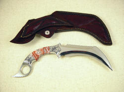 "Titan" kerambit, reverse side view. Note full inlays on back of sheath including belt loop.