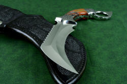 "Titan" karambits, fine handmade custom knives, point detail. This is an extremely aggressive and sharp blade point