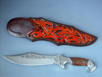 "Tribal" in hand-engraved 440C high chromium stainless steel blade, hand-engraved 304 stainless steel bolsters, Pilbara Picasso Jasper gemstone handle, sheath of hand-carved, hand-dyed leather shoulder, stand of 304 stainless steel, American black walnut, mesquite, lauan hardwoods, engraved black lacquered brass