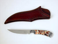 "Trifid" obverse side view in 440C high chromium stainless steel blade, hand-engraved 304 stainless steel bolsters, Brecciated Jasper gemstone handle, Ostrich leg skin inlaid in hand-carved leather sheath