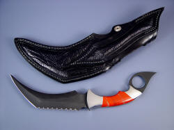"Triton" Kerambit knife: reverse side view. Note full panel inlays on rear of sheath and belt loop