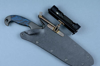 "Utamu" Custom Crossover, Survival, Tactial knife, mounted HULA accessory view in T4 cryogenically treated CPM 154CM powder metal high molybdenum martensitic stainless steel blade, 304 stainless steel bolsters, blue/black G10 compos000ite handle, positively locking sheath of kydex, anodized aluminum, black oxide stainless steel, anodized titanium