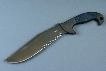 "Utamu" Custom Crossover, Survival, Tactial knife, obverse side view in T4 cryogenically treated CPM 154CM powder metal high molybdenum martensitic stainless steel blade, 304 stainless steel bolsters, blue/black G10 compos000ite handle, positively locking sheath of kydex, anodized aluminum, black oxide stainless steel, anodized titanium