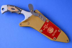 "Uvhash" USAF Pararescue commemorative, sheathed view. Flashplate is removable, maroon lacquered brass, all sheath parts are coyote 
