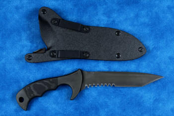 "Uvhash" tactical knife, reverse side view in T4 cryogenically treated ATS-34 high molybdenum martensitic stainles steel blade, 304 austenitic stainless steel bolsters, gray/black Micarta phenolic handle, positively locking sheath in kydex, black oxide stainless steel, 6AL4V anodized titanium, anodized aluminum