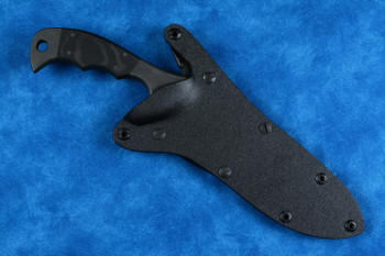 "Uvhash" tactical knife, sheathed view in T4 cryogenically treated ATS-34 high molybdenum martensitic stainles steel blade, 304 austenitic stainless steel bolsters, gray/black Micarta phenolic handle, positively locking sheath in kydex, black oxide stainless steel, 6AL4V anodized titanium, anodized aluminum