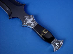 "Vesta" black rune dagger, obverse side handle view. Stunning blade and handle in hard, tough, and durable tool steel and neprite jade