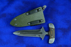 "Vindicator" tactical counterterrorism push/punch dagger, obverse side view in "Shadow" line ATS-34 high molybdenum stainless steel blade, 304 stainless steel bolsters, black/gold G10 fiberglass/epoxy laminate composite handle, hybrid tension-locking sheaths in Coyote and Olive drab, heavy duty leather double-tab stainless snap locking leather sheath in bison-dyed basketweave leather