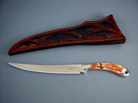 "Volans" fillet, boning knife: 440C high chromium stainless steel blade, 304 stainless steel bolsters, Antelope Jasper gemstone handle, emu skin inlaid in hand-carved leather sheath