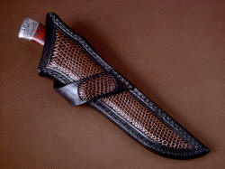 "Wasat" sheathed view. Sheath is a crossdraw style, with Tegu lizard skini inlays in heavy leather shoulder