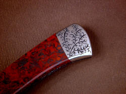 "Wasat" obverse side rear bolster engraving detail. Fit is extremely close in this knife, details are fine and hand-made by maker.