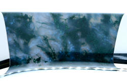 Dendritic and flowing forms in a sea of moss on this agate gemstone handle of "Zeta" fine handmade custom knife in T3 cryogenically treated ATS-34 high molybdenum stainless steel blade, 304 stainless steel bolsters, Indian Green Moss Agate gemstone handle, hand-carved leather sheath inlaid with green rayskin