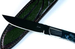 Maker's mark view of tough ATS-34 stainless steel blade of "Zeta" fine handmade custom knife in T3 cryogenically treated ATS-34 high molybdenum stainless steel blade, 304 stainless steel bolsters, Indian Green Moss Agate gemstone handle, hand-carved leather sheath inlaid with green rayskin