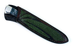 Deep and protective sheath in heavy 9-10 oz. leather shoulder with rayskin inlays in "Zeta" fine handmade custom knife in T3 cryogenically treated ATS-34 high molybdenum stainless steel blade, 304 stainless steel bolsters, Indian Green Moss Agate gemstone handle, hand-carved leather sheath inlaid with green rayskin