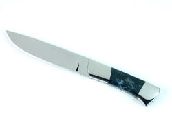 Clean, smooth lines and straightforward purpose of "Zeta" fine handmade custom knife in T3 cryogenically treated ATS-34 high molybdenum stainless steel blade, 304 stainless steel bolsters, Indian Green Moss Agate gemstone handle, hand-carved leather sheath inlaid with green rayskin