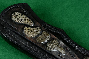 "Zosma" knife sheath belt loop detail in T3 deep cryogenically treated 440C high chromium martensitic stainless steel blade, 304 stainless steel bolsters, Texas Moss Agate gemstone handle, sheath in leather shoulder inlaid with frog skin, nylon stitching