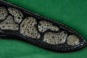 "Zosma" knife sheath front detail in T3 deep cryogenically treated 440C high chromium martensitic stainless steel blade, 304 stainless steel bolsters, Texas Moss Agate gemstone handle, sheath in leather shoulder inlaid with frog skin, nylon stitching