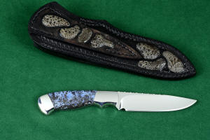 "Zosma" reverse side view in T3 deep cryogenically treated 440C high chromium martensitic stainless steel blade, 304 stainless steel bolsters, Texas Moss Agate gemstone handle, sheath in leather shoulder inlaid with frog skin, nylon stitching