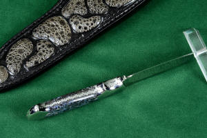 "Zosma" inside handle detail in T3 deep cryogenically treated 440C high chromium martensitic stainless steel blade, 304 stainless steel bolsters, Texas Moss Agate gemstone handle, sheath in leather shoulder inlaid with frog skin, nylon stitching