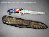 Freedom's Promise art knife, reverse side view, sheath is hand-carved and bronzed leather shoulder
