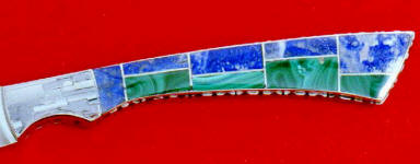 Peruvian Lapis Lazuli, Congo Malachite gemstone inlaid in nickel silver on full tang knife handle