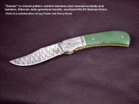 "Gemini" obverse side view: vinland pattern welded damascus blade and bolsters, Green Siberian Jade gemstone handle, anodized titanium liners