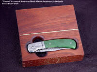"Gemini" linerlock folding knife in custom American Black Walnut case lined with deerskin 