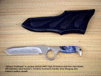 "Gibson Trailhead" 440C high chromium stainless steel blade, 304 stainless steel bolsters, Sodalite gemstone handle, black rayskin inlaid in hand-carved leather sheath
