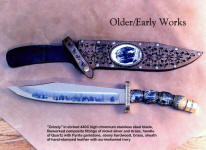 "Grizzly" early bowie knife with scrimshawed ivory mounted on sheath front in sterling bezel setting