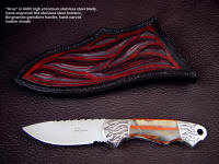 "Grus" fine knife in 440C high chromium stainless steel blade, hand-engraved 304 stainless steel bolsters, Binghamite gemstone handle, hand-carved leather sheath