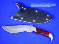"Hooded Warrior" obverse side view in 440C high chromium stainless steel blade, 304 stainless steel bolsters, cocobolo exotic hardwood handle, locking kydex, aluminum, stainless steel, nickel plated steel sheath option