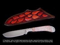 A very fine version of the "Buckhorn" in engraved stainless steel and Confetti Agate handle
