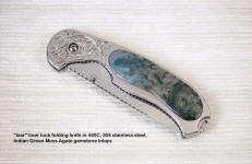 "Izar" folding knife folded view, 304SS thumb stud, milled lanyard hole