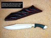 "Jungle Bowie" 440C high chromium stainless steel blade, 304 stainless steel bolsters, Indian Green Moss Agate gemstone handle, Ostrich leg inlaid in hand-tooled leather shoulder.