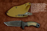 "Krag" tactical, counterterrorism, crossover knife, obverse side view in ATS-34 high molybdenum martensitic stainless steel blade, 304 stainless steel bolsters, coyote, black, olive G10 fiberglass/epoxy composite handle, hybrid tension tab-locking sheath in kydex, anodized aluminum, gold oxide stainless steel and anodized titanium