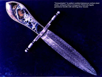 The antique nature of the blade and fittings merge with the stormy exotic agate dagger handle